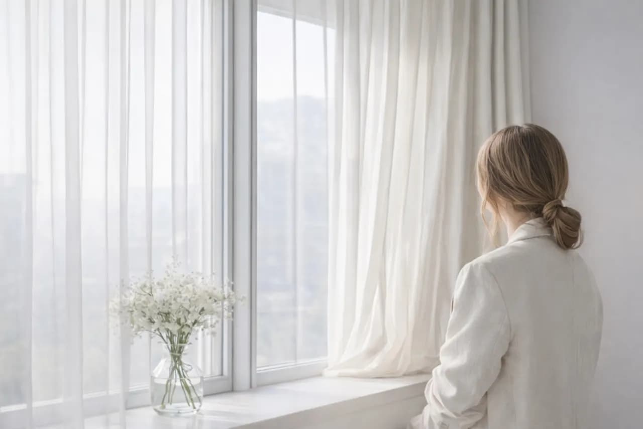 Женщина у светлого окна с полупрозрачными шторами и мягким дневным светом